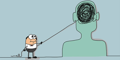 Cartoon showing man holding the string of a tangled mess in a brain