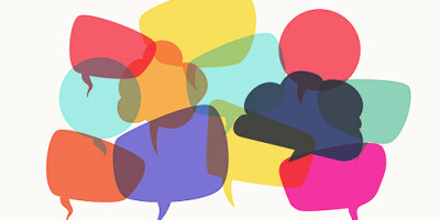 cartoon talking bubbles overlapped showing mixed messages