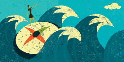 Cartoon of woman on top of waves